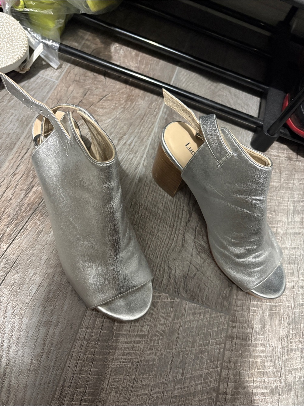 Luca Brand Metallic Silver Peep-Toe Block Heel Mules